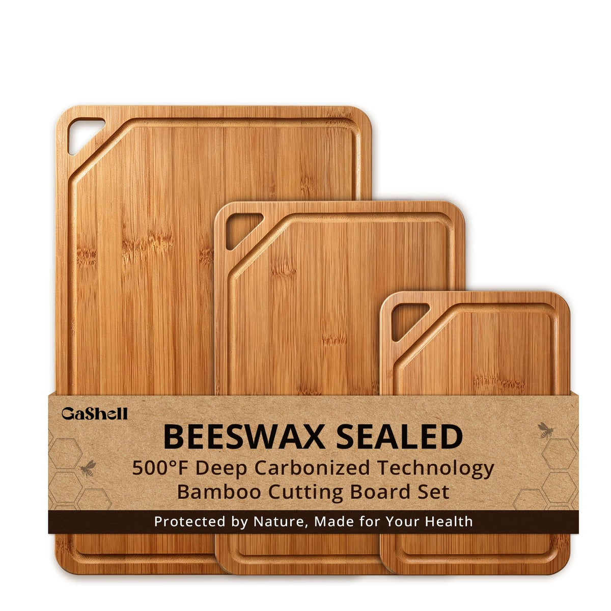 GASHELL Bamboo Cutting Board Set with Beeswax Coating for Kitchen(S+M+L+XL)