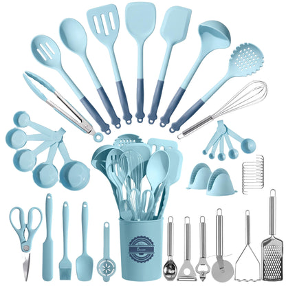 Kikcoin 43 PCS Silicone Kitchen Utensils Set, Dishwasher Safe Kitchen Cooking Utensils Set, 446°F Spatulas Silicone Heat Resistant, Non Toxic Silicone Utensils Set With Two-Tone Grip Handles, Gray