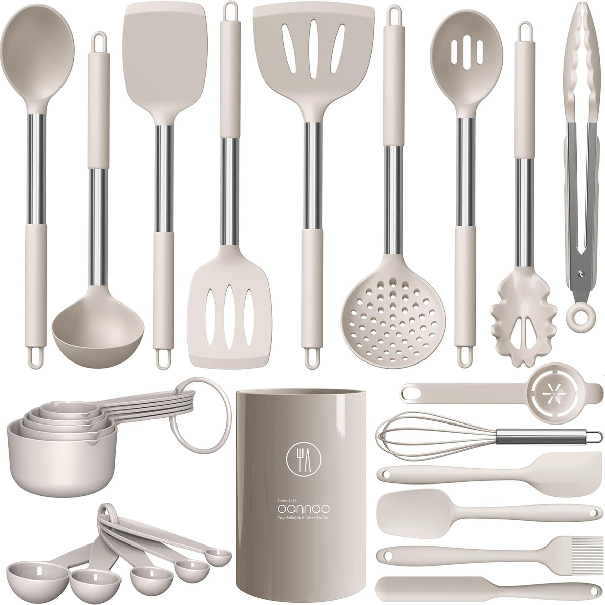 oannao Large Silicone Cooking Utensils Set - Heat Resistant Kitchen Utensils,Turner Tongs,Spatula,Spoon,Brush,Whisk,Stainless Steel Cooking Tool for Nonstick Cookware,Dishwasher Safe (Khaki)
