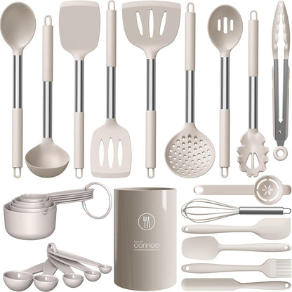 oannao Large Silicone Cooking Utensils Set - Heat Resistant Kitchen Utensils,Turner Tongs,Spatula,Spoon,Brush,Whisk,Stainless Steel Cooking Tool for Nonstick Cookware,Dishwasher Safe (Khaki)