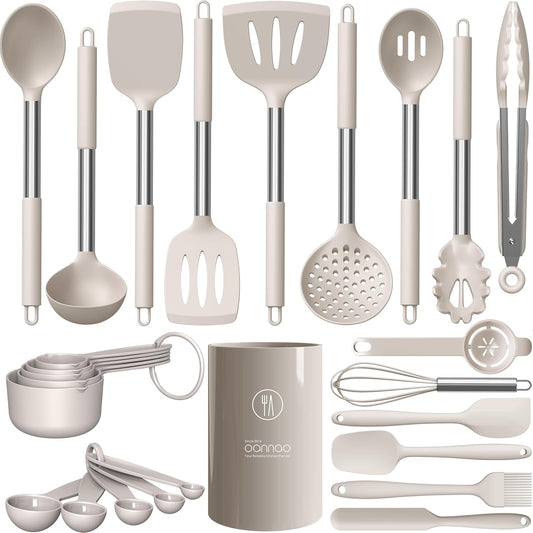 oannao Large Silicone Cooking Utensils Set - Heat Resistant Kitchen Utensils,Turner Tongs,Spatula,Spoon,Brush,Whisk,Stainless Steel Cooking Tool for Nonstick Cookware,Dishwasher Safe (Khaki)