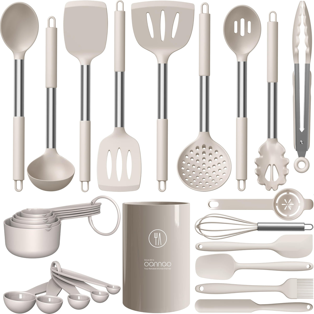 oannao Large Silicone Cooking Utensils Set - Heat Resistant Kitchen Utensils,Turner Tongs,Spatula,Spoon,Brush,Whisk,Stainless Steel Cooking Tool for Nonstick Cookware,Dishwasher Safe (Khaki)