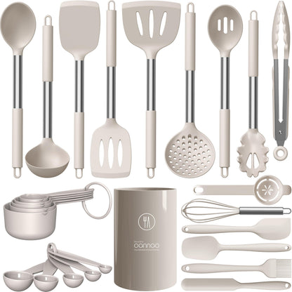 oannao Large Silicone Cooking Utensils Set - Heat Resistant Kitchen Utensils,Turner Tongs,Spatula,Spoon,Brush,Whisk,Stainless Steel Cooking Tool for Nonstick Cookware,Dishwasher Safe (Khaki)