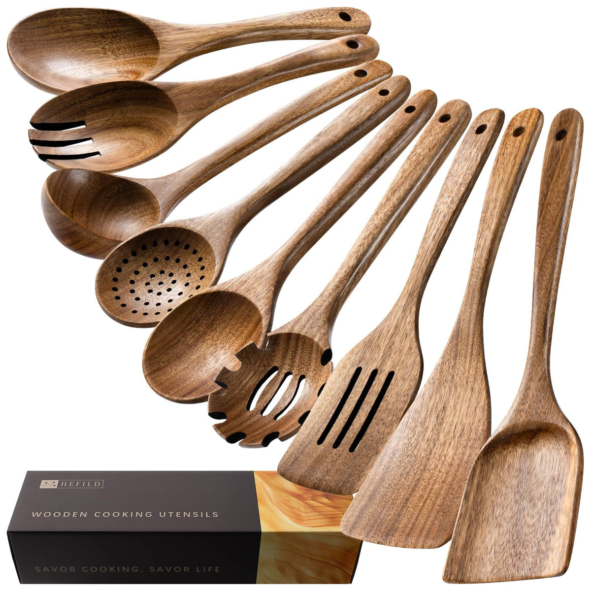 Wooden Spoons for Cooking, 10-Piece Acacia Wood Cooking Utensil Set