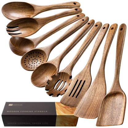 Wooden Spoons for Cooking, 10-Piece Acacia Wood Cooking Utensil Set