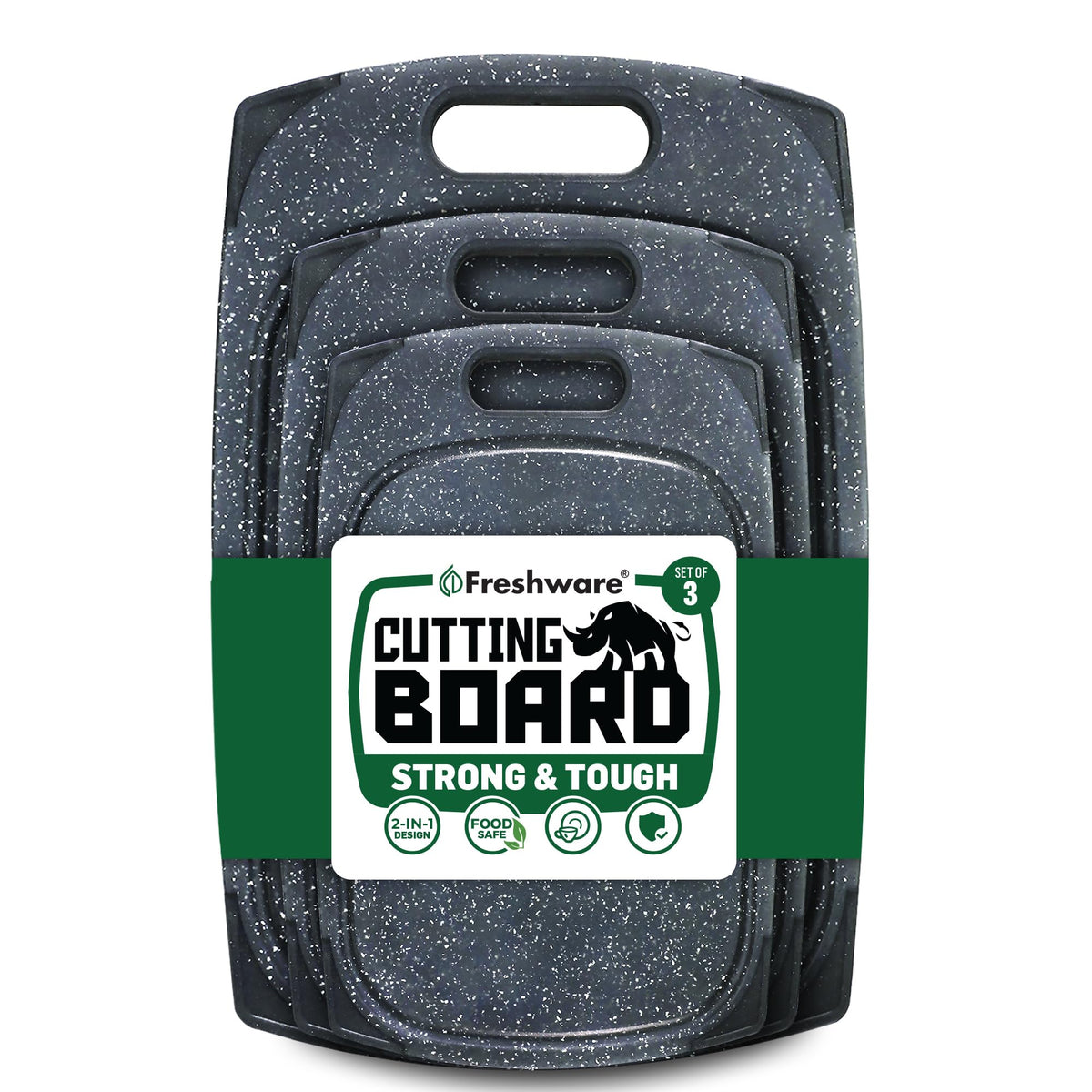Freshware Cutting Boards for Kitchen, Chopping Board 3-Pack with Different Sizes, Juice Grooves and Non Slip Handles - Reversible, Large Cutting Board Set - Dishwasher Safe - Gray