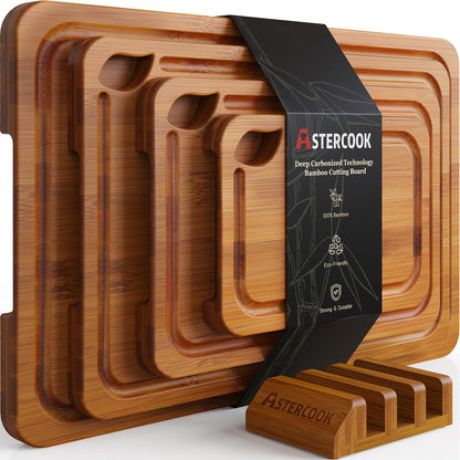 Astercook Deep-Carbonized Bamboo Cutting Boards for Kitchen with Wood Storage Stand, Reversible Charcuterie & Chopping Boards with Juice Grooves and Easy-Grip Handles, Fathers Day Gift for Men