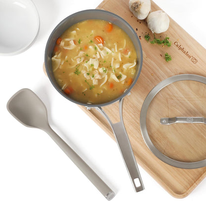 Calphalon Edge 6-Piece Stainless Steel and Silicone Kitchen Tool Set, Kitchen Utensil Set, Scraper, Skimmer, Spoon, Ladle, Turner, Pasta Server, Heat Resistant Nonstick Safe Cooking Utensils (Taupe)