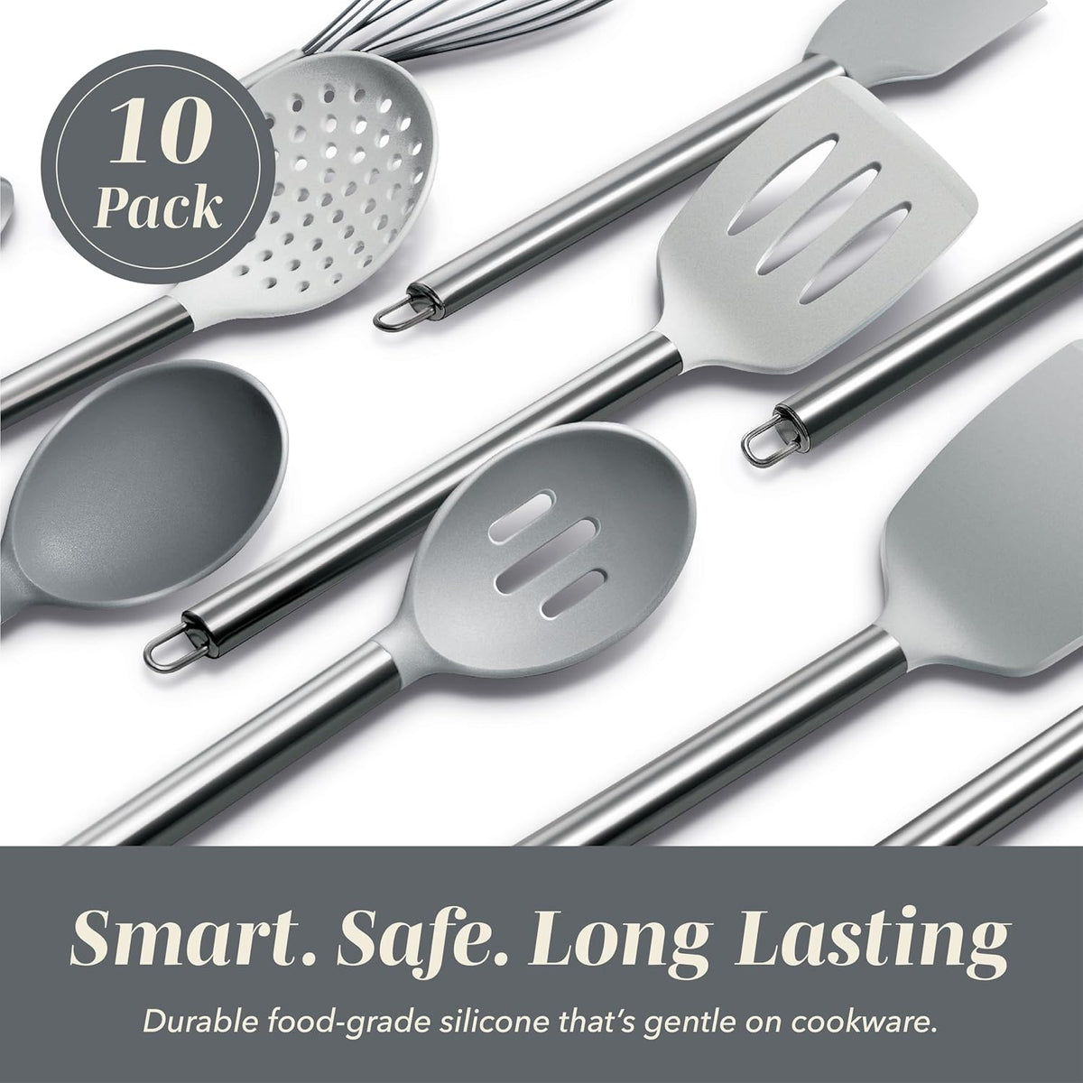 COOK WITH COLOR Silicone Cooking Utensils, Kitchen Utensil Set, Easy to Clean Silicone Kitchen Utensils, Cooking Utensils for Nonstick Cookware, Kitchen Gadgets Set, 10 Pieces, Grey Ombre