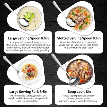 Gisly 12-Piece Serving Set - Large Spoons, Forks, Tongs, Ladle, Cake Server & Appetizer Tongs for Buffet Catering, Dishwasher Safe