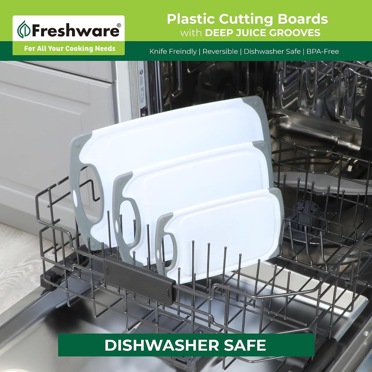 Freshware Cutting Boards for Kitchen, Chopping Board 3-Pack with Different Sizes, Juice Grooves and Non Slip Handles - Reversible, Large Cutting Board Set - Dishwasher Safe - Gray