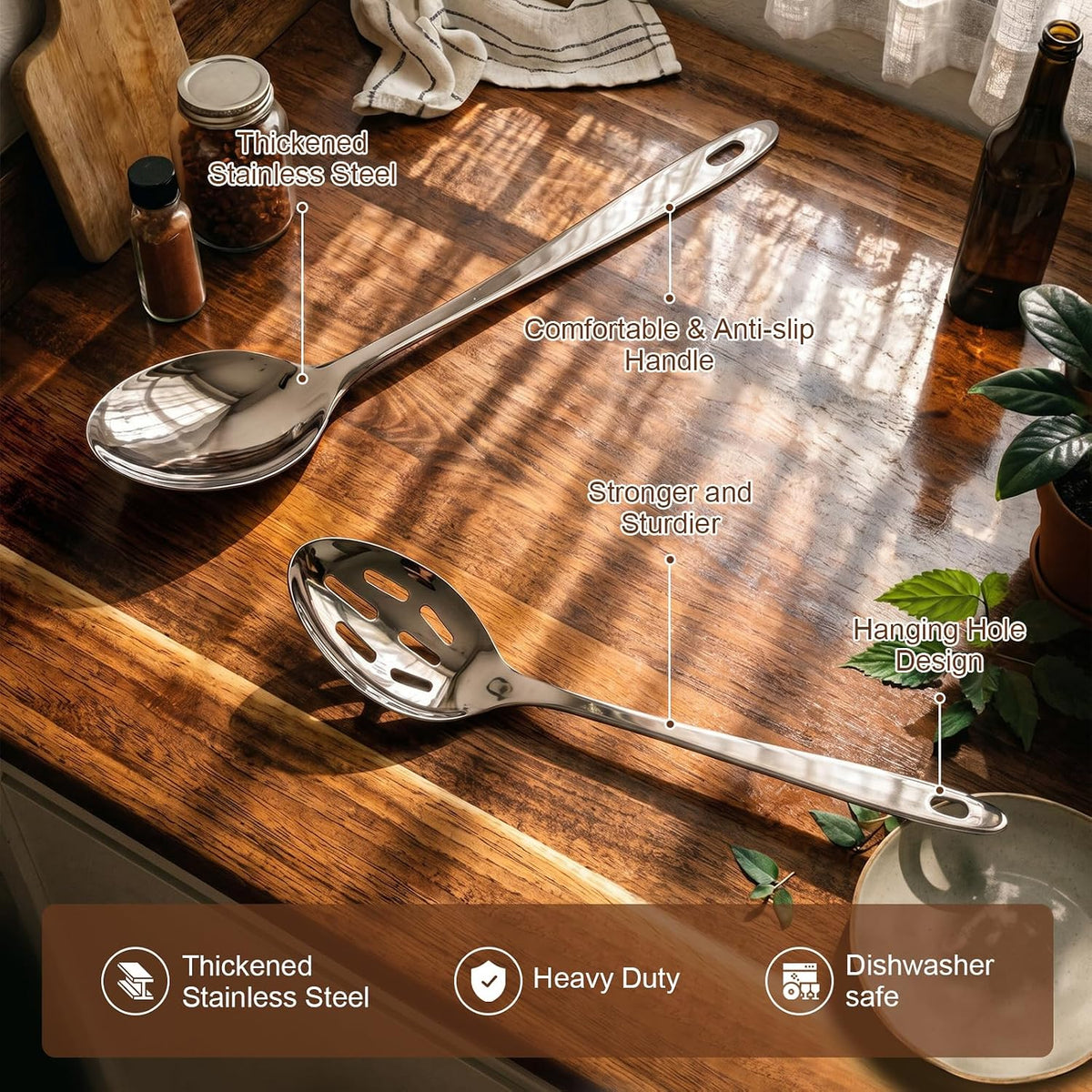 Kirecoo 2PCS Stainless Steel Serving Spoons Set, Solid & Slotted