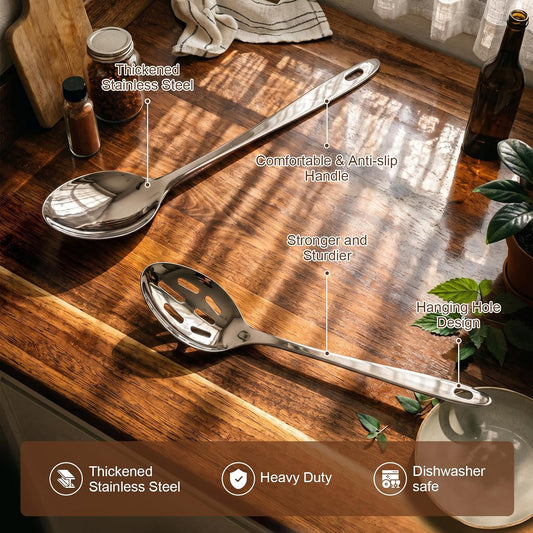 Kirecoo 2PCS Stainless Steel Serving Spoons Set, Solid & Slotted