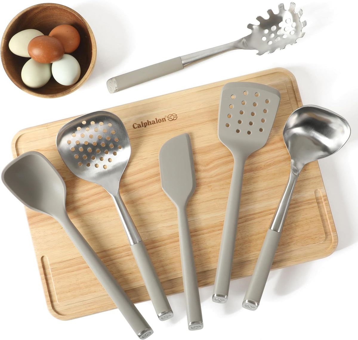 Calphalon Edge 6-Piece Stainless Steel and Silicone Kitchen Tool Set, Kitchen Utensil Set, Scraper, Skimmer, Spoon, Ladle, Turner, Pasta Server, Heat Resistant Nonstick Safe Cooking Utensils (Taupe)