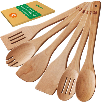 Riveira Dark Bamboo Wooden Spoons for Cooking 6-Piece, Apartment Essentials Wood Spatula Spoon Nonstick Kitchen Utensil Set Premium Quality Housewarming Gifts for Everyday Use