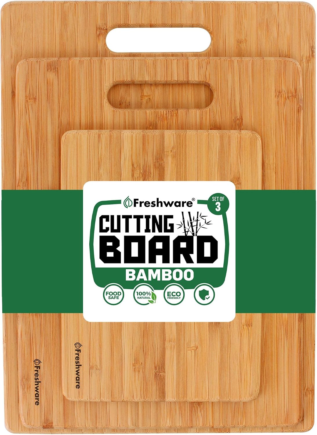 Freshware Bamboo Cutting Board Set of 3, Wooden Cutting Boards for Kitchen, Knife Friendly Food Grade Chopping Board, Lightweight with Hanging Hole for Easy Storage