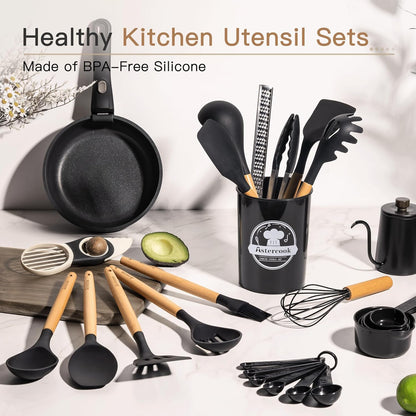 Astercook 39 PCS Kitchen Utensils Set, Silicone Cooking Utensil Sets with Wooden Handle, 446°F Heat Resistant Food Grade Spatula Set, BPA Free Kitchen Gadgets Tools Set & Spoons for Nonstick Cookware