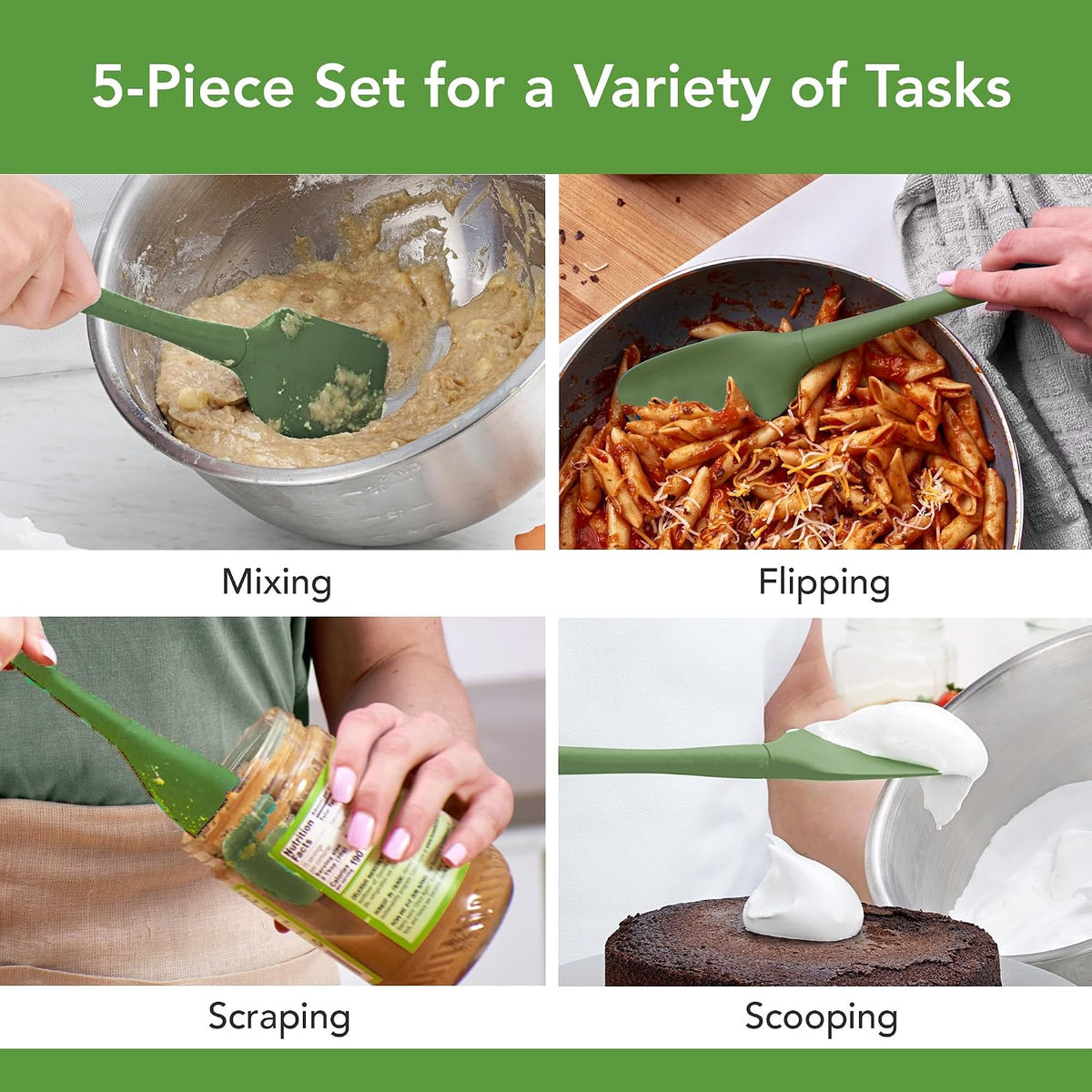 Tovolo Flex Core 5 Piece Silicone Spatula Set Heat Resistant All Silicone Utensils Include Non Stick Spatula Spoonula Jar Scraper, Dishwasher Safe BPA Free Spatulas for Baking Mixing, Pesto Green