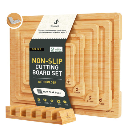 3 Packs Bamboo Cutting Board Set with Non Slip Feet Holder and Over Sink Nice Solid Thick Wood Juice Groove Chopping Board Extra Large Big Small Best Hardwood Kitchen Organic Vegetable Meat BBQ Kit