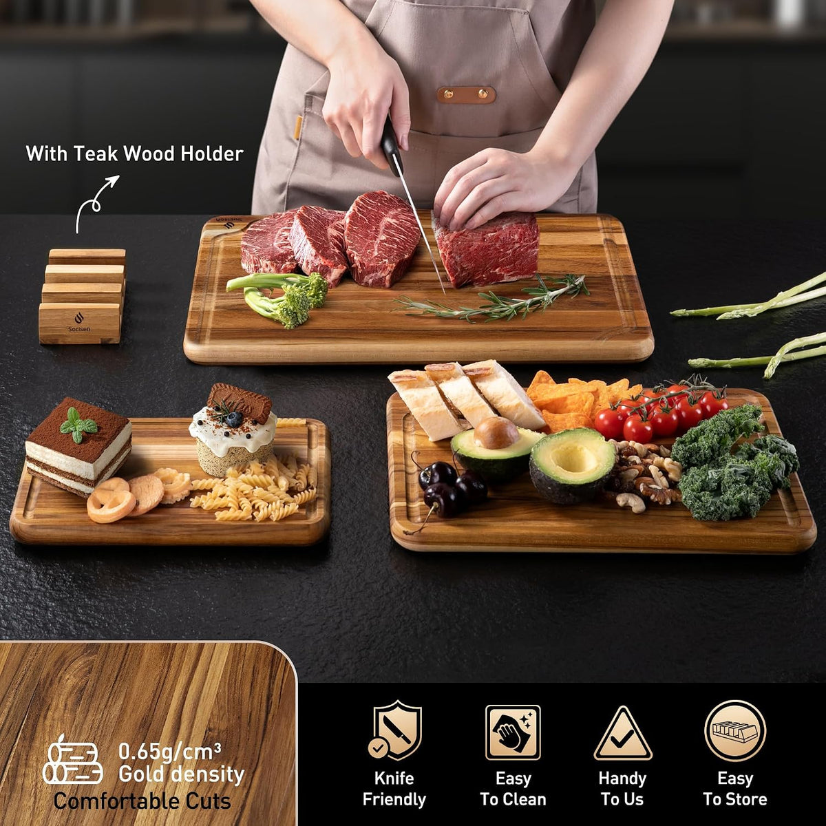 3 Pack Teak Cutting Boards for Kitchen Wood Wooden Cutting Boards Non Toxic