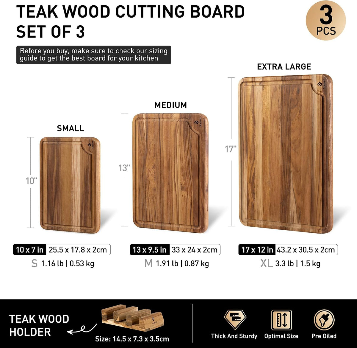 3 Pack Teak Cutting Boards for Kitchen Wood Wooden Cutting Boards Non Toxic