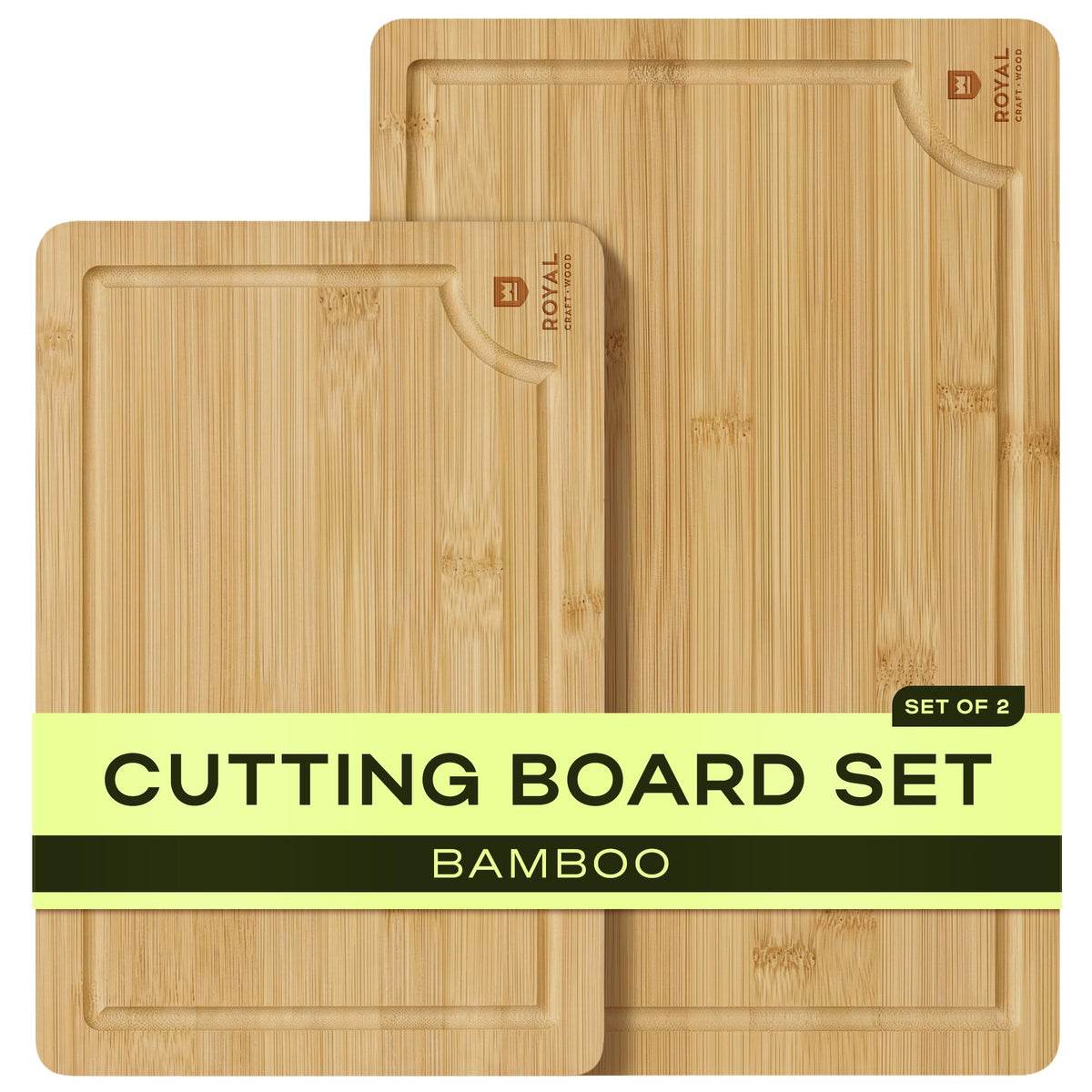 ROYAL CRAFT WOOD Wooden Cutting Boards for Kitchen Appliances - Non Toxic Bamboo Wood Cutting Board Set with Deep Juice Groove, Side Handles, Charcuterie & Butcher Block for Meat, Meal Prep & Serving