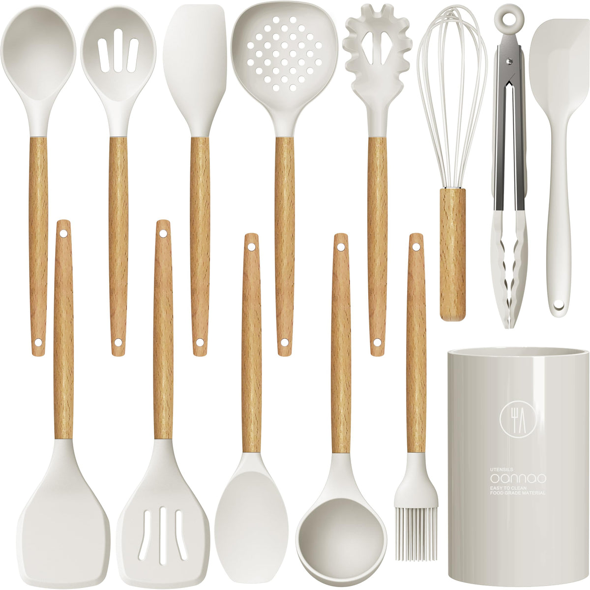 oannao Silicone Cooking Utensils Set - 446°F Heat Resistant Silicone Kitchen Utensils for Cooking,Kitchen Utensil Spatula Set w Wooden Handles, BPA FREE Gadgets for Non-Stick Cookware (Khaki)