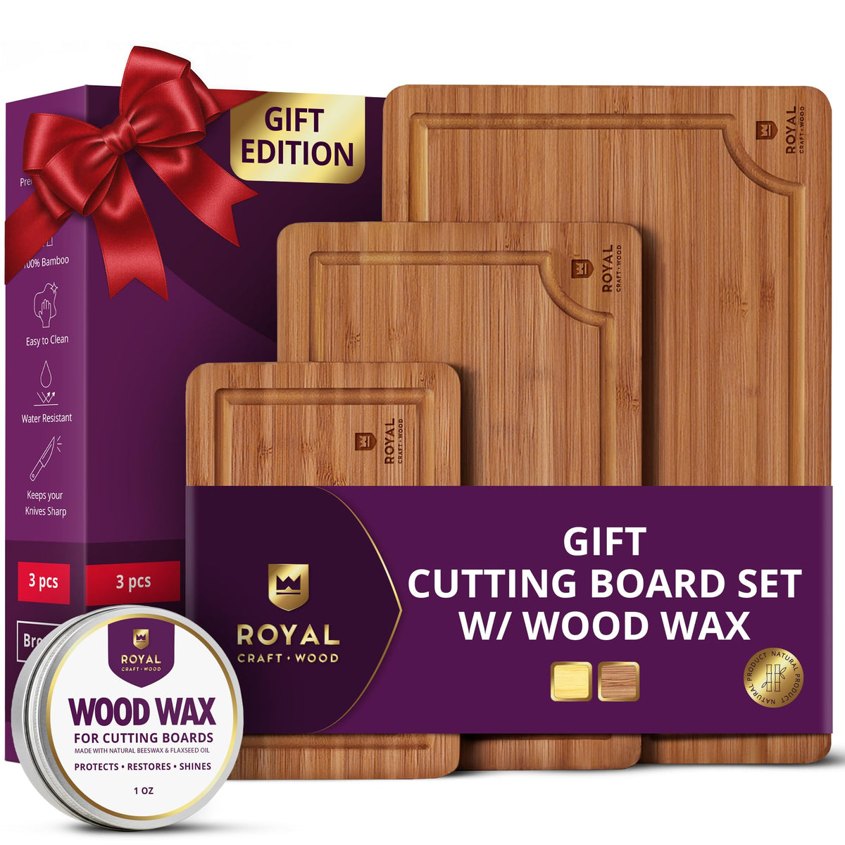 ROYAL CRAFT WOOD Wooden Cutting Boards for Kitchen Appliances - Non Toxic Bamboo Wood Cutting Board Set with Deep Juice Groove, Side Handles, Charcuterie & Butcher Block for Meat, Meal Prep & Serving