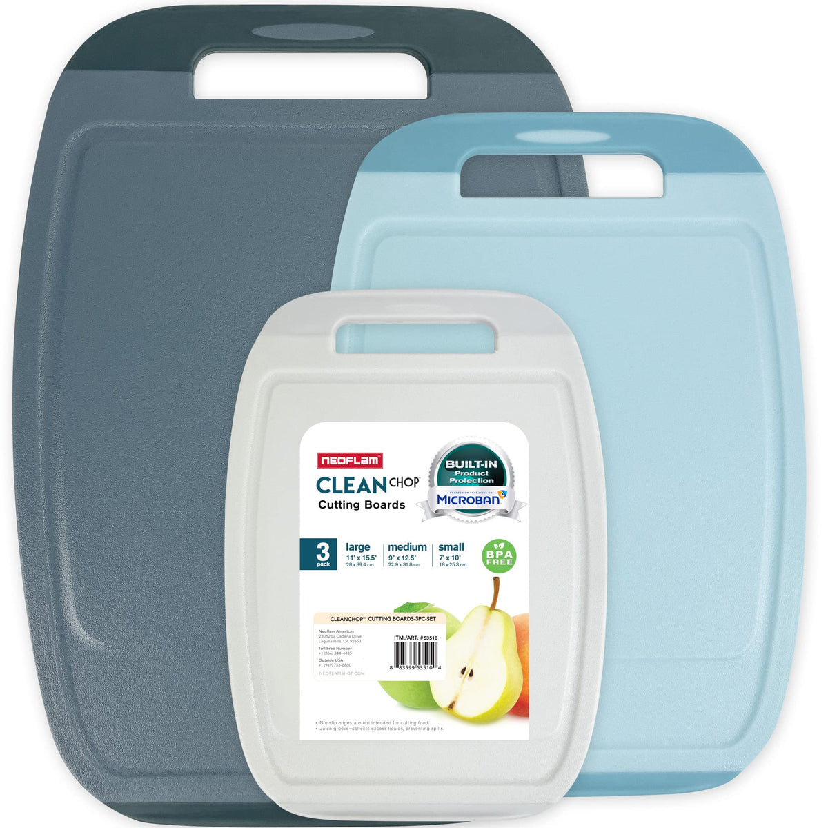 Neoflam Microban Protection Cutting Board 3 Piece Set, Stain & Odor/BPA Free, Reversable Board, Upgraded Larger Juice Groove, Non-Slip EZ Grip Handle, Dishwasher Safe,Grey