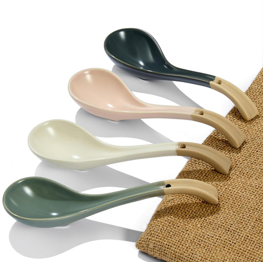 Asian Ceramic Soup Spoon, with Long Handle Easy to Hold, Non-slip Bottom, for Japanese Ramen, Chinese and Vietnamese Wonton, Noodle Soup Spoons (V38)
