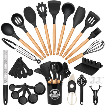 Astercook 39 PCS Kitchen Utensils Set, Silicone Cooking Utensil Sets with Wooden Handle, 446°F Heat Resistant Food Grade Spatula Set, BPA Free Kitchen Gadgets Tools Set & Spoons for Nonstick Cookware