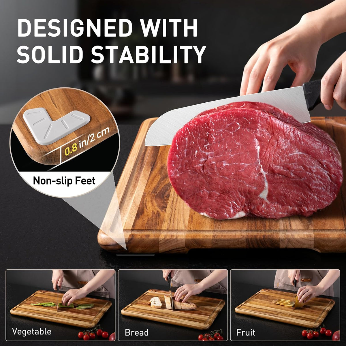 3 Pack Teak Cutting Boards for Kitchen Wood Wooden Cutting Boards Non Toxic