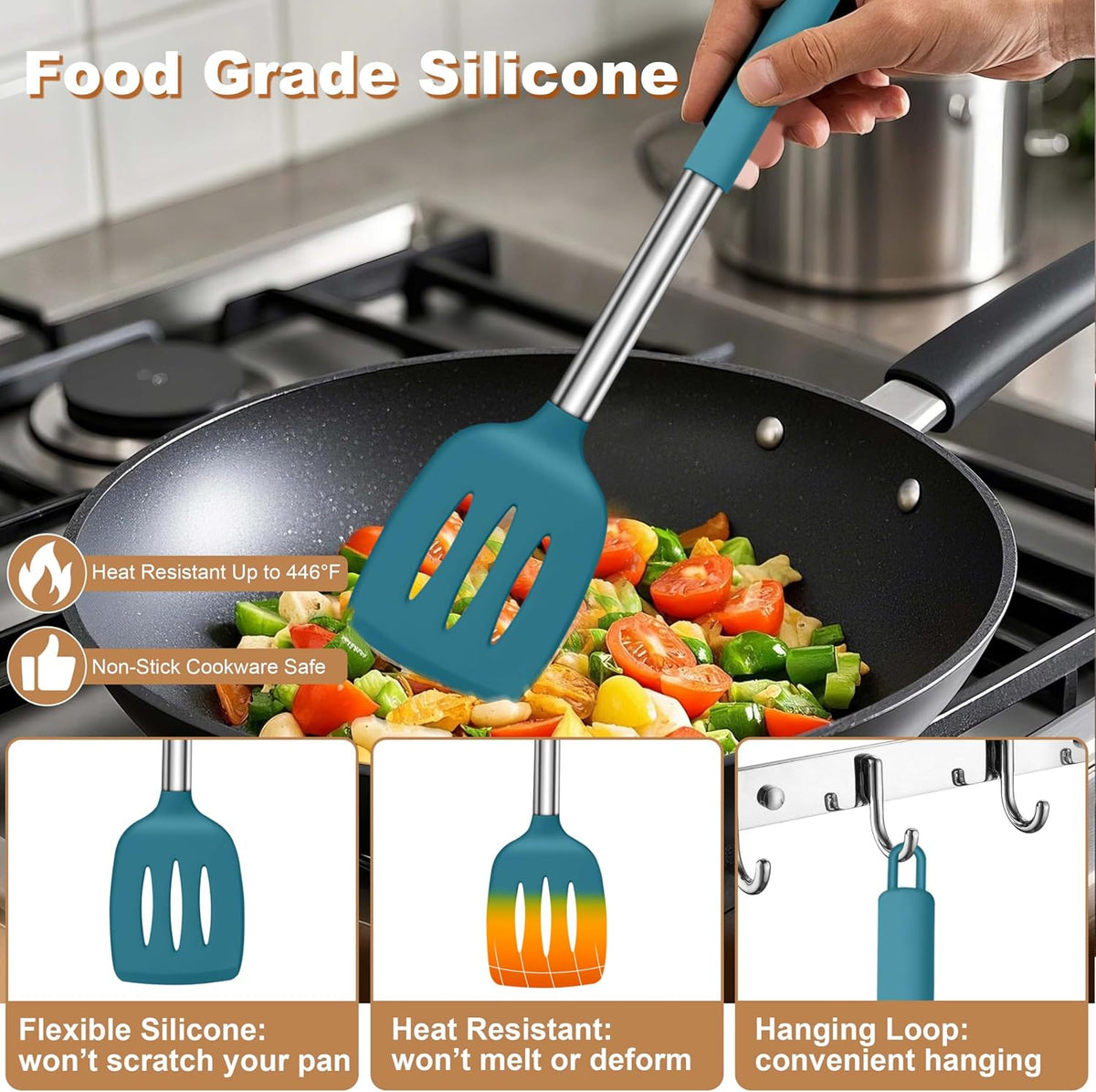 LIANYU Silicone Kitchen Utensils, 6 Pcs Cooking Utensils Spatula Set, Blue