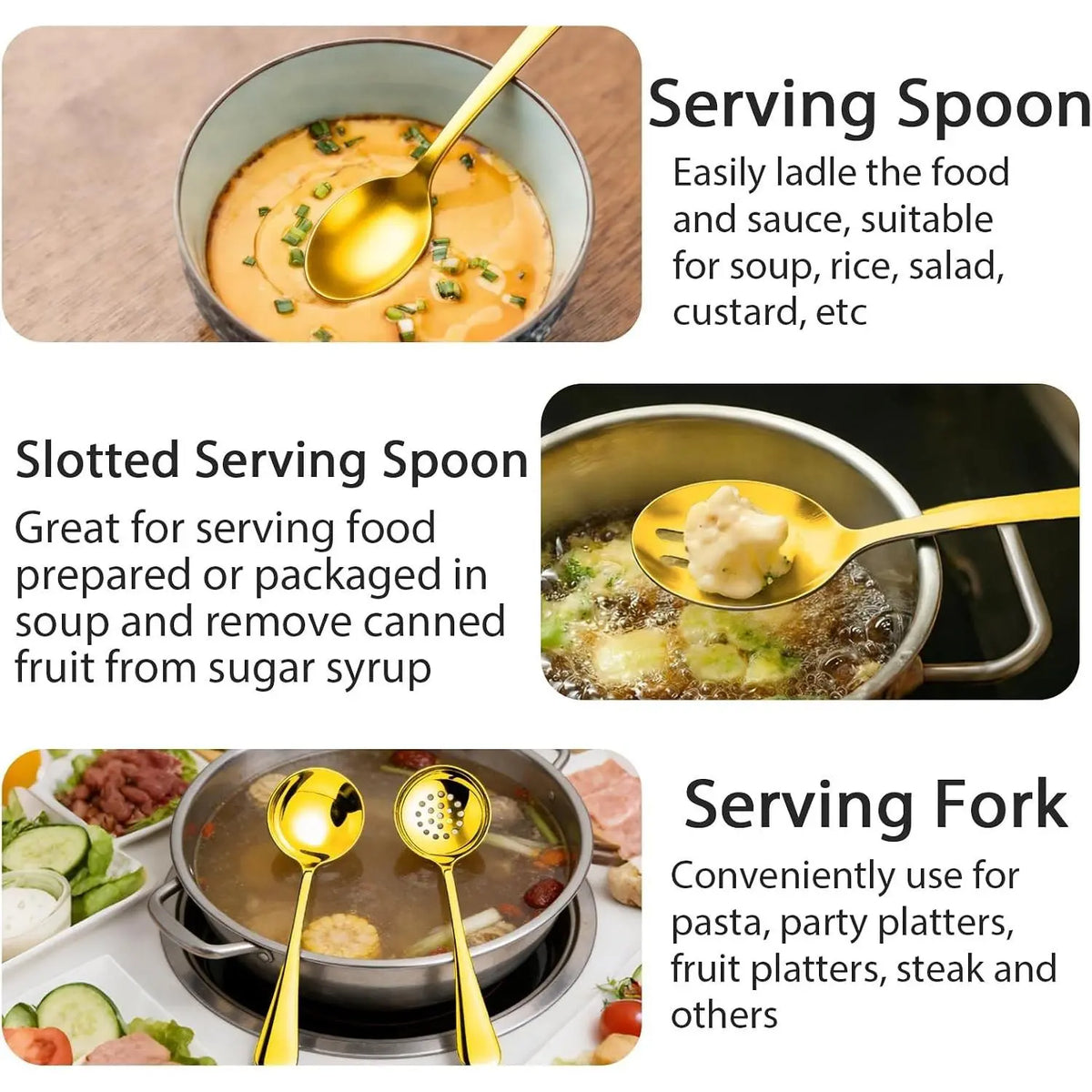 11 PCS Gold Large Stainless Steel Serving Utensils Set, Including Spoons, Slotted Spoons, Forks, Tongs, Soup Ladle and Cake Server, Perfect for Buffet, Party, Catering