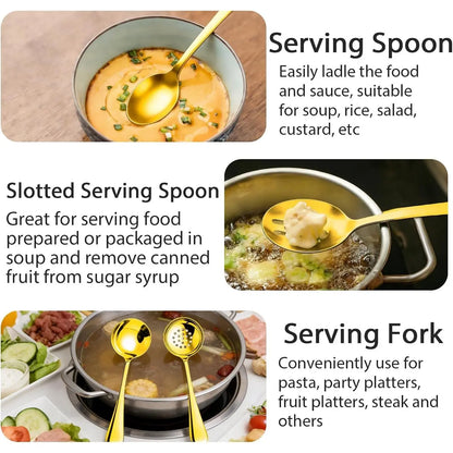 11 PCS Gold Large Stainless Steel Serving Utensils Set, Including Spoons, Slotted Spoons, Forks, Tongs, Soup Ladle and Cake Server, Perfect for Buffet, Party, Catering
