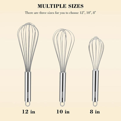 Stainless Steel Whisk Set 8" 10" 12" Kitchen Whisk Balloon Whisk Kitchen Wisk Wire Whisks for Cooking, Whisking, Blending, Beating, Stirring-3 Pack…
