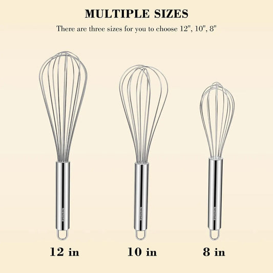 Stainless Steel Whisk Set 8" 10" 12" Kitchen Whisk Balloon Whisk Kitchen Wisk Wire Whisks for Cooking, Whisking, Blending, Beating, Stirring-3 Pack…