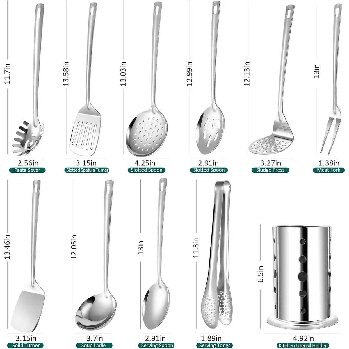 Kitchen Utensils Set, 11pcs Stainless Steel Cooking Utensils with Holder – Turners, Potato Masher, Spatula, Spoons, Pasta Server, Tongs, Soup Ladle, Serving SpoonGift