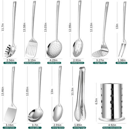 Kitchen Utensils Set, 11pcs Stainless Steel Cooking Utensils with Holder – Turners, Potato Masher, Spatula, Spoons, Pasta Server, Tongs, Soup Ladle, Serving SpoonGift