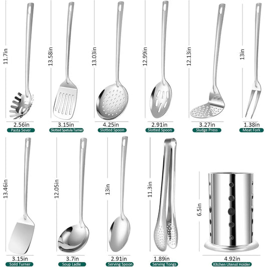Kitchen Utensils Set, 11pcs Stainless Steel Cooking Utensils with Holder – Turners, Potato Masher, Spatula, Spoons, Pasta Server, Tongs, Soup Ladle, Serving SpoonGift