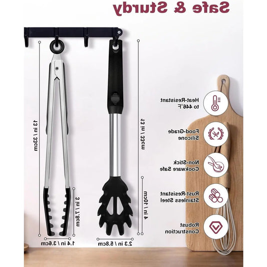 2-Piece Silicone Spaghetti Spoon and Pasta Tong Set, Heat-Resistant Non-Stick Noodle Server with Teeth, 13" BPA-Free Strainer Fork, Stainless Steel Handle for Pasta Cooking, BlackGift