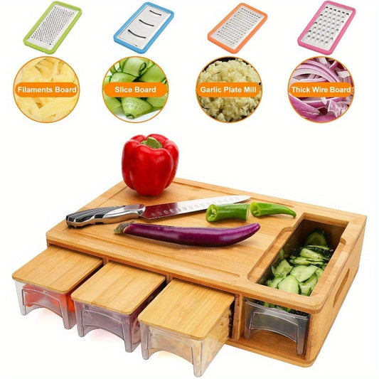 One Durable Bamboo Cutting Board Featuring Four Drawers Or Two Stainless Steel Trays, Designed with a Food Sliding Opening. This Carving Board Comes with Trays for Food Storage, Transport, And Easy Cleanup, Making It an Ideal Christmas Gift
