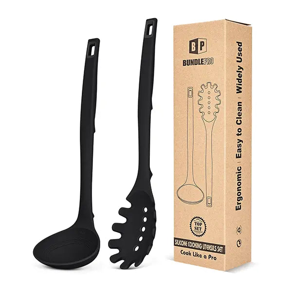 BUNDLEPRO 2-Piece Hanging Silicone Kitchen Utensil Functional Set - 40ml Pasta Fork, Soup Spoon with Measurement Lines, Pot-Safe Soft Head, Heat-Resistant Non-Stick Tools, Back Hooks for Cooking, Serving