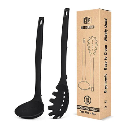 BUNDLEPRO 2-Piece Hanging Silicone Kitchen Utensil Functional Set - 40ml Pasta Fork, Soup Spoon with Measurement Lines, Pot-Safe Soft Head, Heat-Resistant Non-Stick Tools, Back Hooks for Cooking, Serving