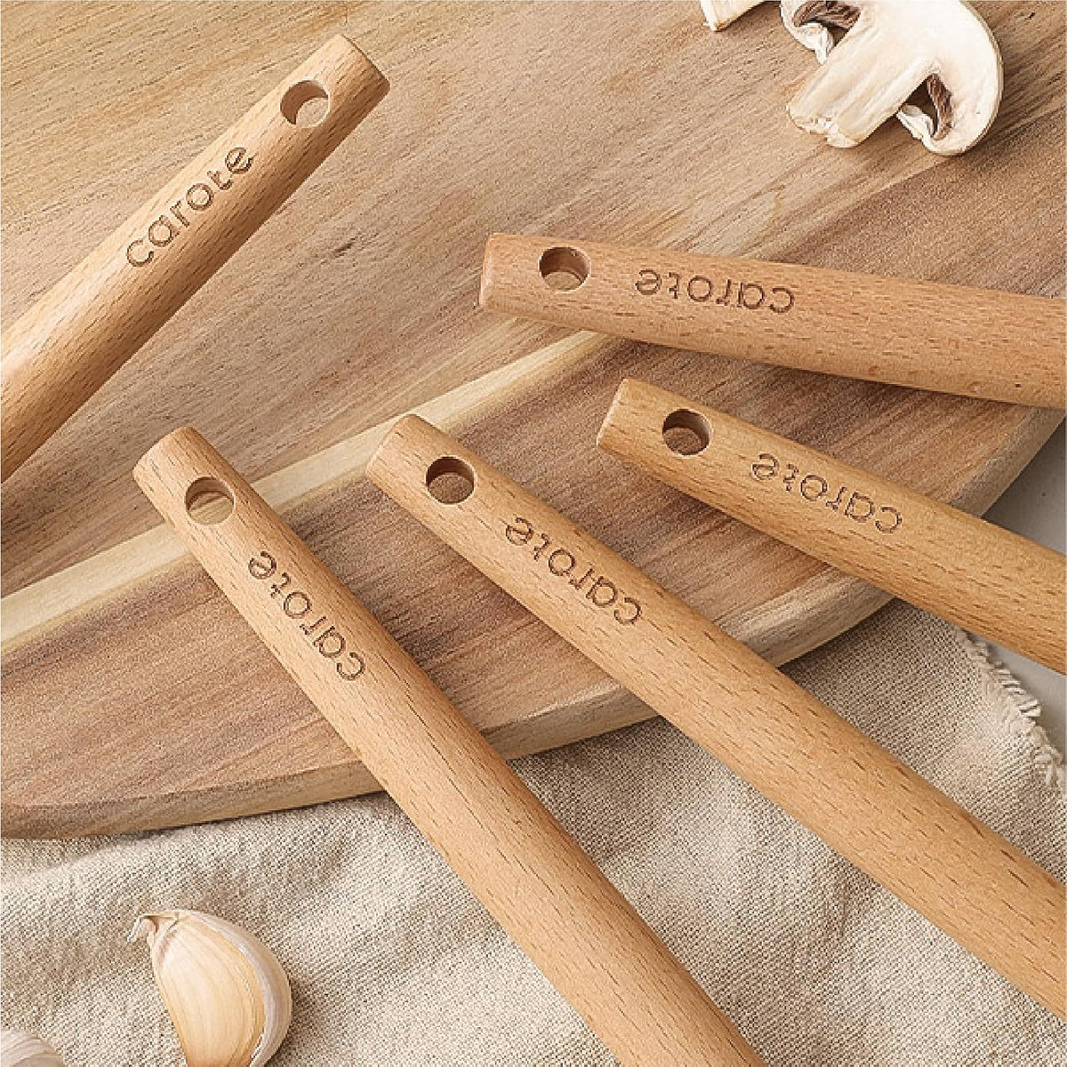 CAROTE 10-Piece Kitchen Utensils Set with Wood Cool-Touch Handles, Cream