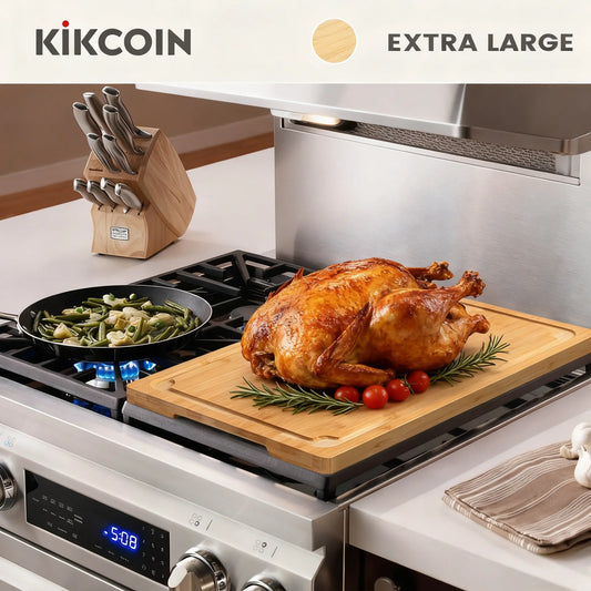 Kikcoin Multi-Size Bamboo Chopping Board (2XL/4XL/5XL Extra Large) - Stovetop Cover, Handle Carry Tray, Juice Groove, Stainresist Wash, Cooking Prep Kitchenware, Knives Friendly, 4XL:30"L*20"W, Vegetable Oil Compatible