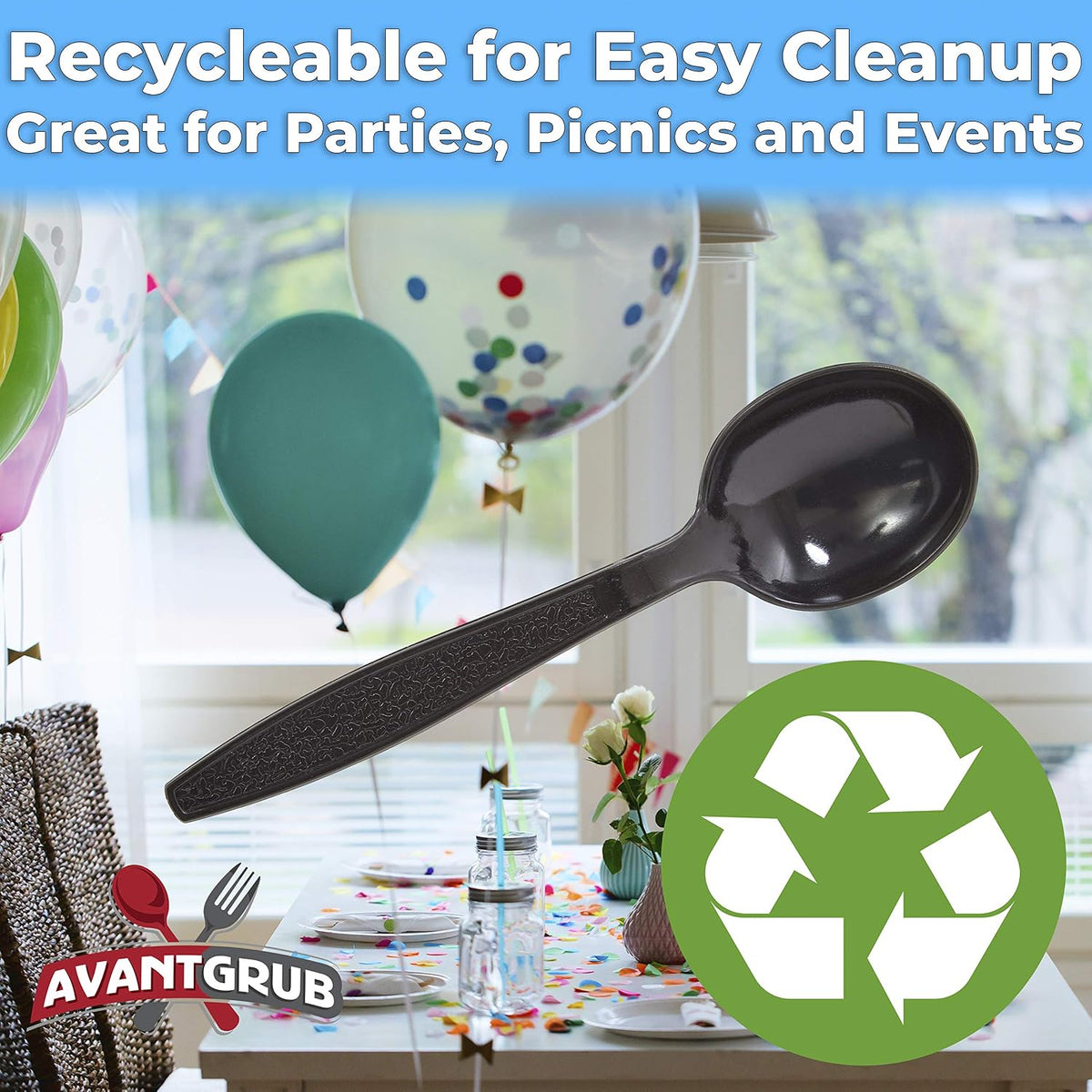 Extra Sturdy, Pro-Grade Plastic Soup Spoons 50 CT. Black, Heavy Duty Recyclable Utensils for Soups, Stews, Chili and Gumbo. Heavyweight Round Spoon is Perfect for Restaurants, Diners and Catering