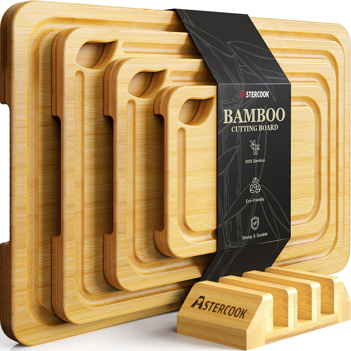 Astercook Deep-Carbonized Bamboo Cutting Boards for Kitchen with Wood Storage Stand, Reversible Charcuterie & Chopping Boards with Juice Grooves and Easy-Grip Handles, Fathers Day Gift for Men
