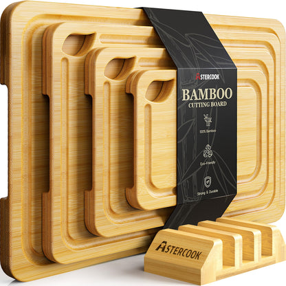 Astercook Deep-Carbonized Bamboo Cutting Boards for Kitchen with Wood Storage Stand, Reversible Charcuterie & Chopping Boards with Juice Grooves and Easy-Grip Handles, Fathers Day Gift for Men