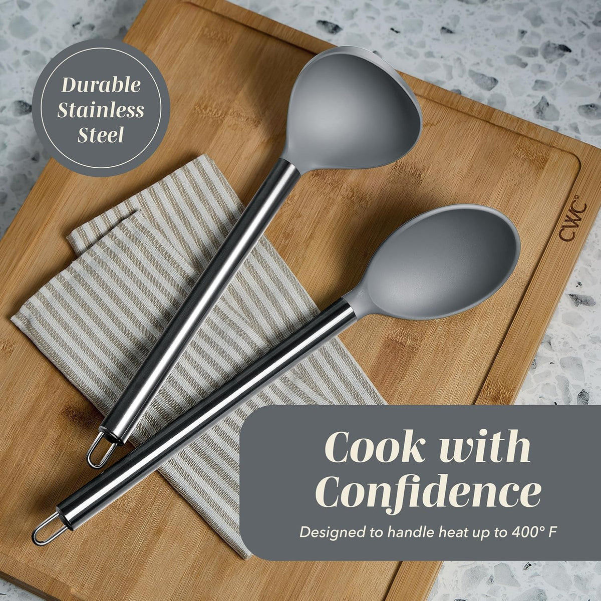 COOK WITH COLOR Silicone Cooking Utensils, Kitchen Utensil Set, Easy to Clean Silicone Kitchen Utensils, Cooking Utensils for Nonstick Cookware, Kitchen Gadgets Set, 10 Pieces, Grey Ombre